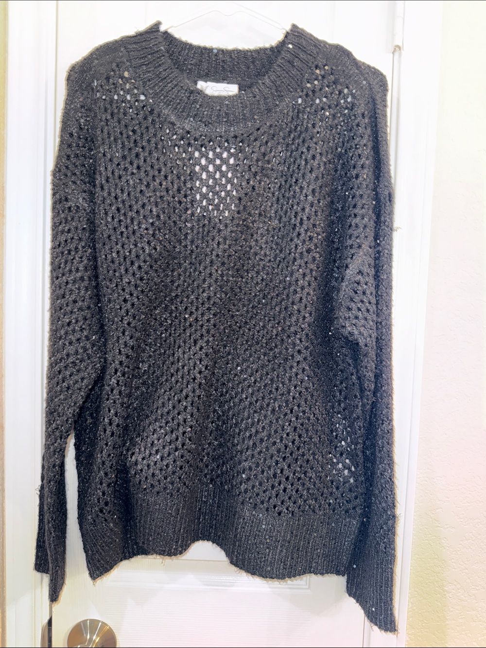 Jessica Simpson Black Open-Weave Crewneck Sweater